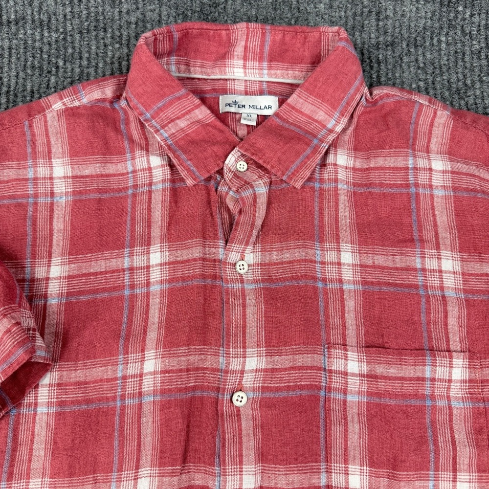 Peter Millar Mens XL‎ 100% Linen Sport Shirt Red North Shore Classic Fit Pocket